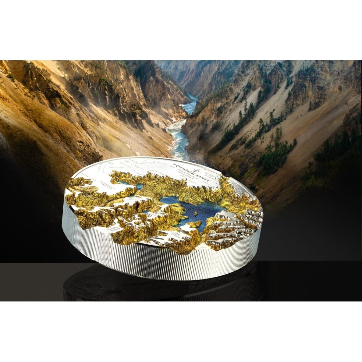 Sidabrinė spalvomis puošta moneta, imituojanti Jeloustouną 5