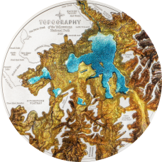 Sidabrinė spalvomis puošta moneta, imituojanti Jeloustouną