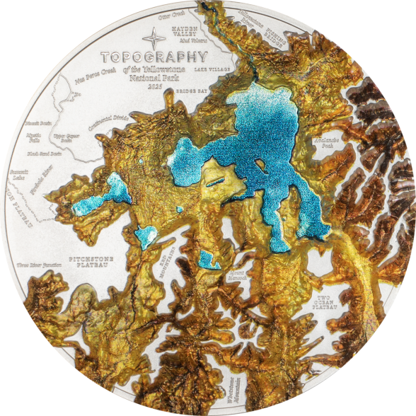 Sidabrinė spalvomis puošta moneta, imituojanti Jeloustouną