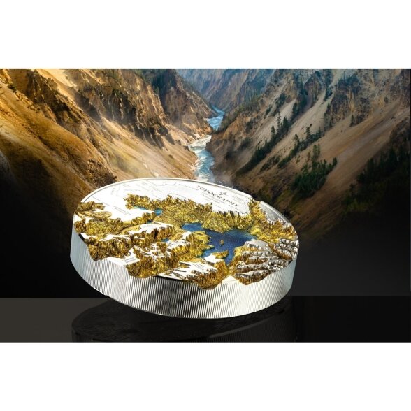 Sidabrinė spalvomis puošta moneta, imituojanti Jeloustouną 5