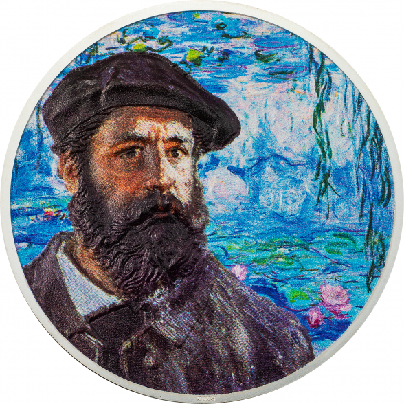Spalvomis dengta sidabro moneta su Claude Monet kūryba